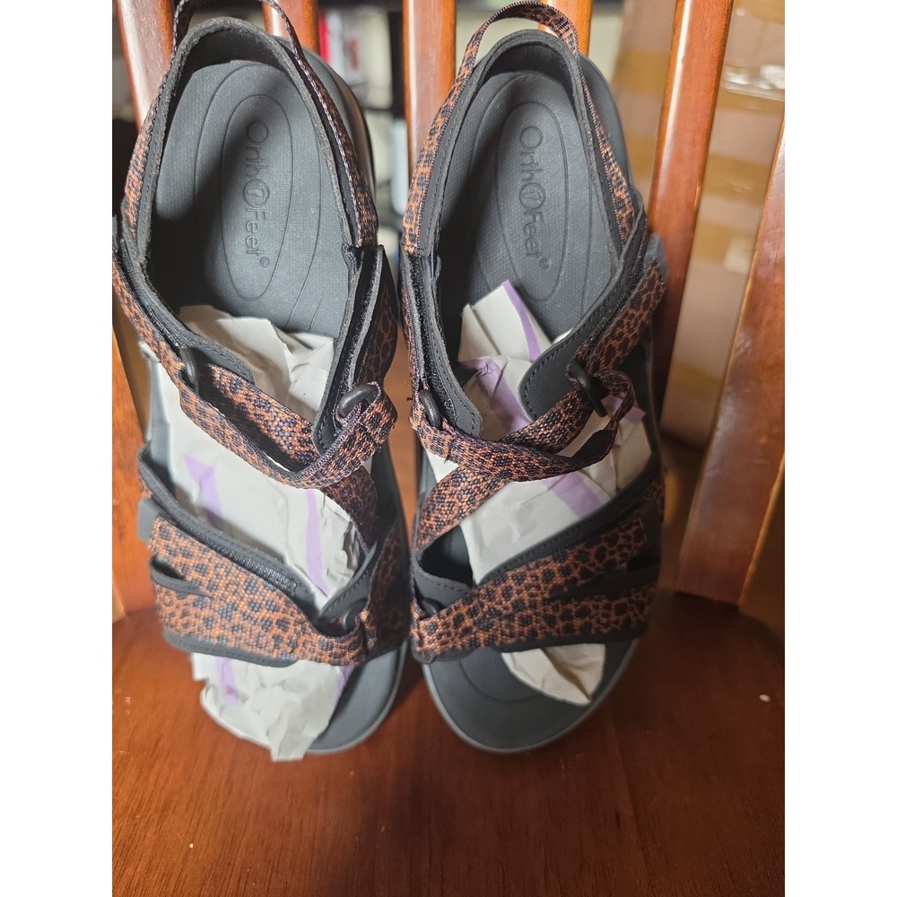 Orthofeet Women's Black/Brown Animal Print Strappy Sandals US 8.5 Hook & Loop